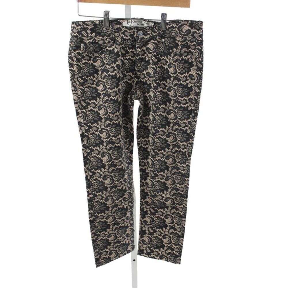 McQ Womens Cropped Black Floral Jeans Cotton Button Mid Rise 25 Inseam Size 27